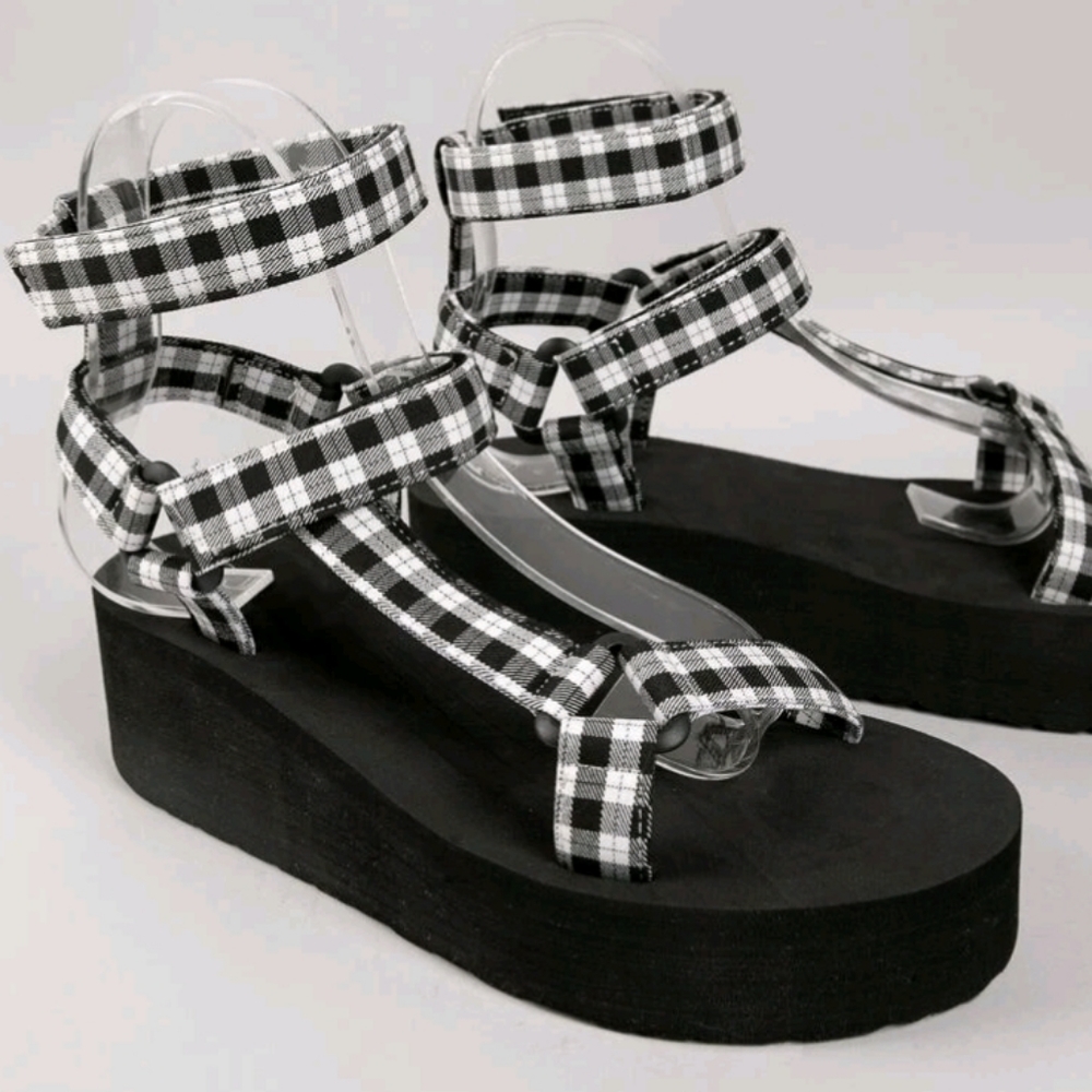 Plaid Ankle Strap Platform Sandals